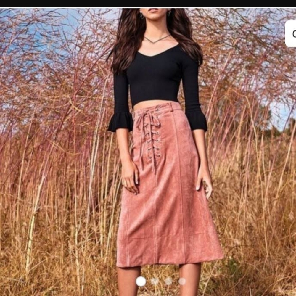 Gianni Bini Nina Faux Suede Tie Front Midi Skirt and Crop Top